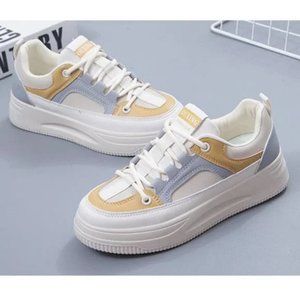 Women's Autumn New Shoes Sz 8 White Flat Leather Panel Lace Up Walking Sneakers